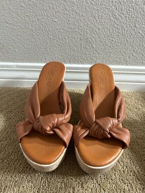 Cordani Cognac Knotted Leather Wedge Sandals